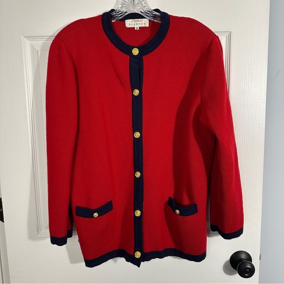 Blarney 100% wool red jacket/sweater, sz 18, navy trim, fall, autumn, quality - Picture 1 of 9